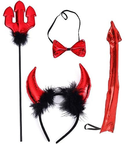 Luxylei Halloween-Teufel-kostüm-Set, 4-teilig, Teufelshorn-Stirnband, Teufel-Pitchfork-Fliege, Biegsamer Schwanz, Cosplay-zubehör