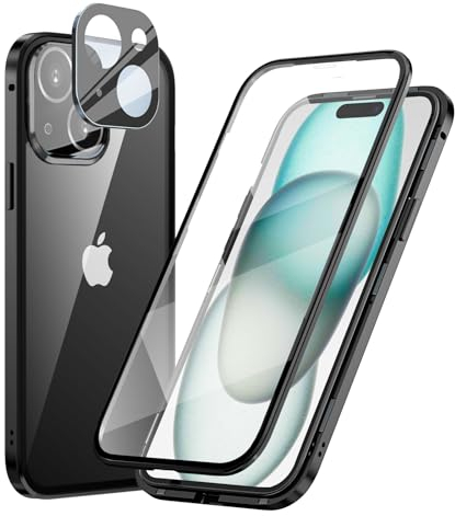MIMGOAL 360 Grad Hülle für iPhone 15, Magnetische Adsorption Metallrahmen Ganzkörper Schutzhülle Vorne Hinten Gehärtetes Glas Transparente Full Case Dünn Handyhülle Cover,Schwarz