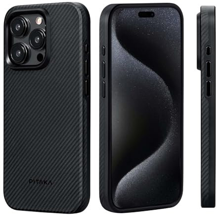 PITAKA All-around Protective Case Compatible with iPhone 15 Pro Max - Shockproof Full Protection Case Compatible with MagSafe, Aramid Fibre Crafted [MagEZ Case Pro 4] - Black/Grey(600D)