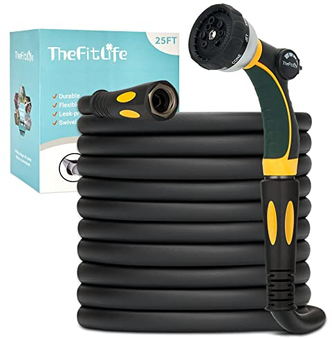 TheFitLife Garden Flexible Hose - Heavy Duty Kink Resistant Water Hose with Soft Grip Handle and 8 Function Nozzle, Durable, Strength and Leak Proof Hose for Gardening, Outdoor, Yard 25 FT