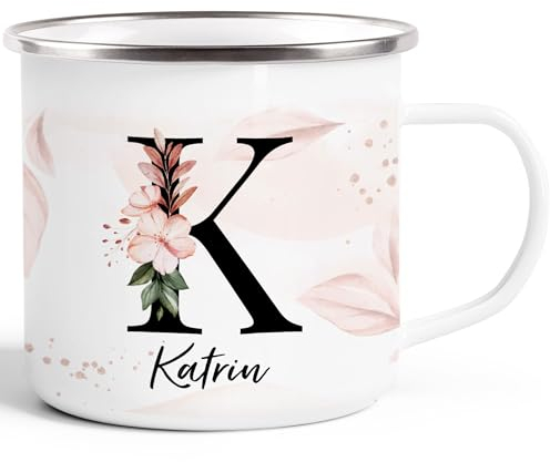 SpecialMe® Emaille-Tasse Monogramm Initiale mit Namen personalisiert Blumen Blüten Dekor Floral Buchstabe floral emaille-weiß-silber standard