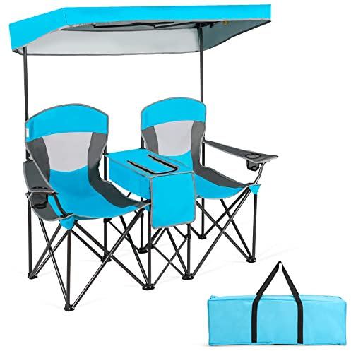 COSTWAY Chaise de Camping Pliante 2 Places avec Parasol Amovible et réglable, Chaise de Plage avec Glacière et Porte-Gobelet, pour Pique-Nique, Pêche, Charge 120KG Chaque Siège (Bleu)