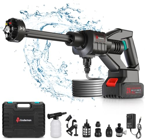 Akku Hochdruckreiniger, Max 800PSI/55 Bar Tragbarer Hochdruckreiniger mit 15000mAh Akku, 6-in-1 Multi-Sprühdüse 5M Schlauch für Auto, Terrasse, Garten, Zaun, Pool