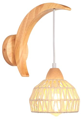 iDEGU Wandleuchte für den Innenbereich, aus Holz und Rattan, Hängeleuchte, Industrie-Design, Halbmond, E27, Wandbeleuchtung, verstellbar, Vintage, für Schlafzimmer, Wohnzimmer, Küche, Eingang, Café