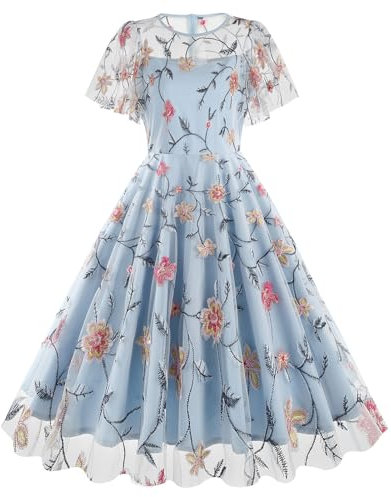 Odizli Robe vintage élégante à manches courtes en maille à col rond papillon cœur en tulle pour femme, rose, bleu clair, L
