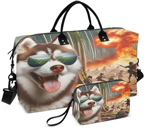 Ein cooler Husky mit Sonnenbrille erkundet den primitiven Wald, Reisetasche für Männer und Frauen, Turnbeutel mit Aufbewahrungstasche, Wochenendtasche, Handgepäcktasche für Reisen, Reisen,