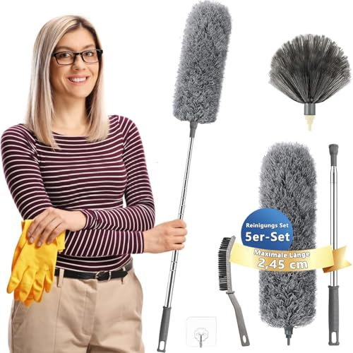 Plumero telescópico lavable, largo extensible hasta 2,45 m, plumero con barra telescópica y flexible, gris, 5 unidades