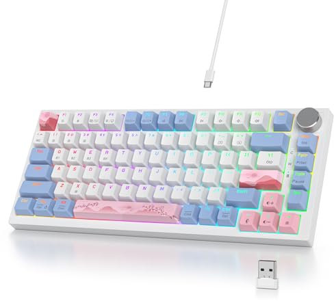 SbocKeeb Mechanische Tastatur Kabellos 75% mit Knopf, TKL Gaming Tastatur 75 Prozent Amerikanische QWERTY RGB Bluetooth/2.4G/USB PBT Tastenkappen, Hot-Swap für Mac/Win(V400pro-Pink)