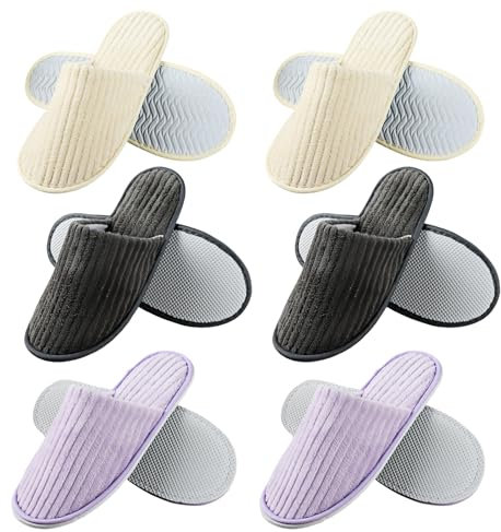 PRITOK Pantofole per ospiti, in spugna, con 6 paia, lavabili e antiscivolo, in tessuto non tessuto corallo, misura universale, 28,5 x 11 cm, per hotel, viaggi, casa, ospite, Beige Viola Grigio Scuro,
