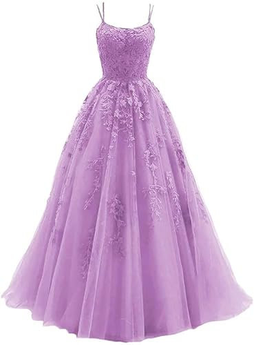 ChicFash Tulle Spaghetti Straps Prom Dresses Long Lace Appliques Ball Gowns for Women Corset Backless Evening Dress Lilac