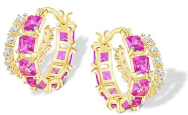 Mesovor Goldene Doppel Creolen Ohrringe für Damen, 14K Vergoldete Farbige Zirkonia Creolen Ohrringe, Gold Earrings, Schmuck Geschenke (Neonpink)