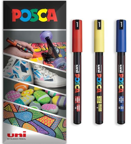 Posca - Water Based Permanent Marker Paint Pen - Multi Surface Use - PC-1MR - Pack of 3 Pens in Wallet (Red, Yellow, Blue)