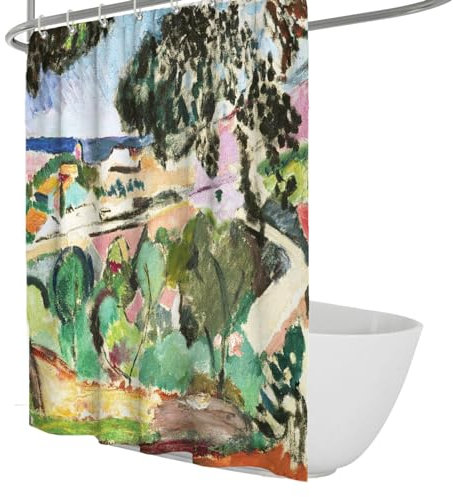 Cabaña de Campo Pintura al óleo Cortina de Ducha Paisaje de Carretera campestre Cortina de baño Plantas Verdes Tela Tela Decoración de baño Conjunto con Ganchos 200x220