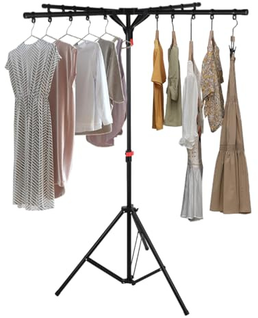 Hershii Foldable Clothes Drying Rack Indoor Outdoor Airer Laundry Shelf 3 Legs Garment Stand Coat Hanger with Windproof Buckles, Adjustable Height and Base - Black