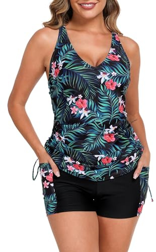 Halcurt Zweiteiliger Damen-Badeanzug, Tankini-Set mit Shorts, Tasche, Bauchkontrolle, verstellbarer Kordelzug