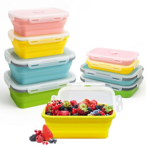 Druuzyl 4 Recipientes Plegables de Silicona para Alimentos (800ml+1200ml) - Bento Box con Tapa - Apto Microondas/Lavavajillas/Congelador - Almacenamiento Hermético de Comida