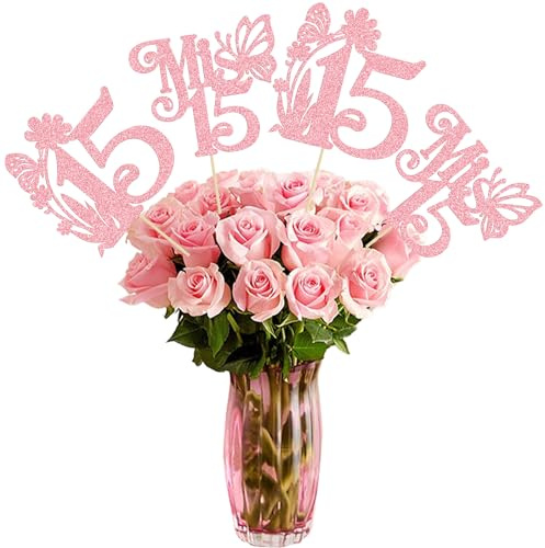 Ephlyn 12 Stück Happy 15th Birthday Tafelaufsätze Hello 15 Sweet 15 Tischblumen Tafelaufsätze Sticks Fifteen Mis 15 Quitten Blumendekorationen für Prost bis 15 Themenjubiläum Partyzubehör Rosa