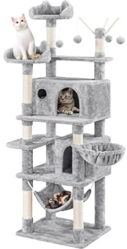 Yaheetech Cat Tree for Indoor Kittys, Large Scratching Post Play Tower Multi-Level Condo Play House Climbing Tree with 3 Removable Teaser Sticks, Hammock, Basket, Pet Furniture Light Gray