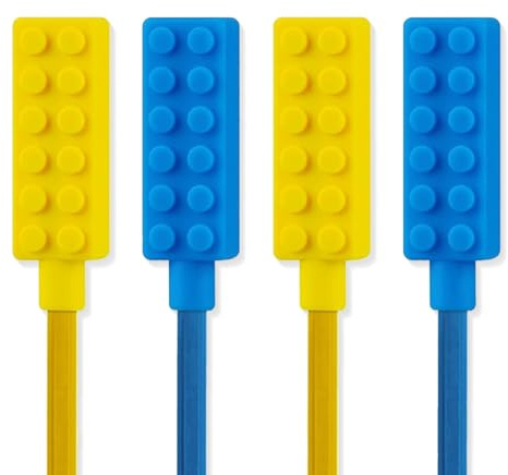 KIRZAX Chew Pencil Topper Set (4er Pack), Silikon Kaukette mit Kaubarem Beißring Bleistiftaufsatz, Silikon Kaustab, Kaubares Schmuckspielzeug Kauspielzeug für Jungen, Mädchen, Kinder mit Autismus,ADHS