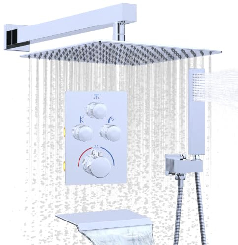 12 Inch Shower Faucet Set with Tub Spout, Push Button Diverter Shower System with Wall Mounted Rain Shower Head and Handheld Shower, Chrome