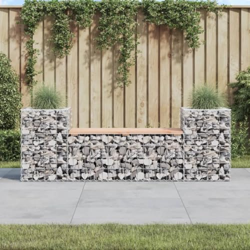 SKTQYQO Banc de jardin design gabion en bois massif Douglas avec jardinières latérales, structure stable en acier galvanisé pour l'extérieur, banc de jardin compact pour patio