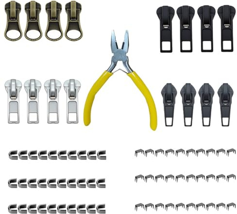77 Piece Zip Repair Kit, Universal Zipper Repair Kit Includes Zip Puller Tabs Fixer, Pliers & Zipper Replacement for Jackets, Jeans, Outerwear Pockets, and Tents
