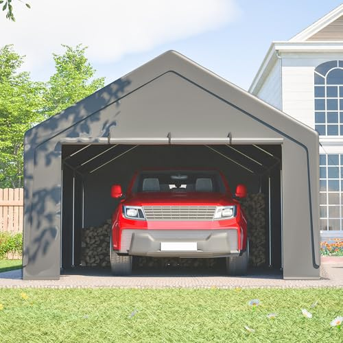 Carport 13'×25' (400x765x311 cm) – Abri Voiture Lourd avec Toile Imperméable Anti-UV, Cadre en Acier Galvanisé, Fenêtres Enroulables & Parois Amovibles