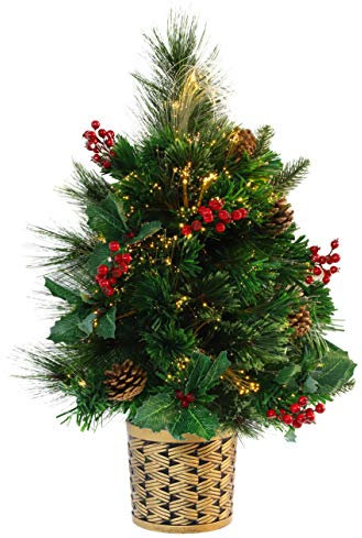 Christmas Concepts® 2ft (60cm) Albero di Natale fissato al muro di pino verde a fibra ottica con coni e bacche rosse