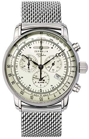 Zeppelin Herrenuhr Edelstahl Milanaiseband Serie 100 Jahre Chronograph Datum Alarm 8680M-3