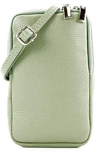 modamoda de T197 Damen Leder Handytasche 6,7 Zoll Umhängetasche handmade in Italy, Farbe:Graugrün