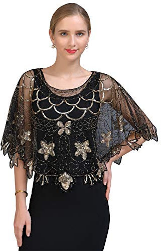 YAOMEI Damen Schals 1920er Jahre Perlen Flapper Pailletten Halstücher Stola Umschlagtücher Umschlagtücher Halstuch Hochzeiten Braut Bridemaids Abendgarderobe (11-Schwarz)