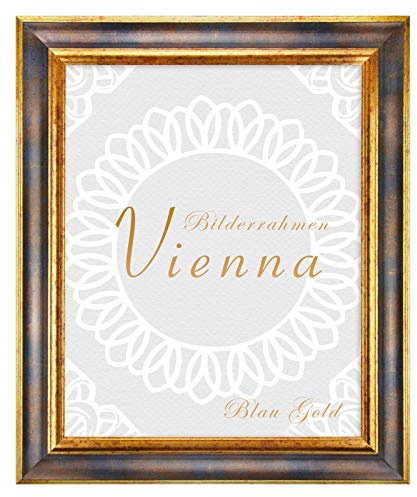 Birapa Bilderrahmen Vintage Blau Gold 50x70 cm Holzrahmen mit Zierleiste innen und außen, Fotorahmen