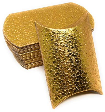 Pillowbox geprägt, Kissenschachtel aus Pappe (25x Gold – 11,5 x 7,5cm) | Tropfen / Punkte Muster Musterprägung, stabile Faltschachtel aus Papier, dekorative Geschenkbox, schnelle Montage