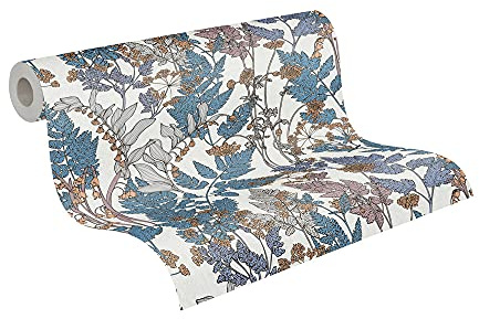 A.S. Création Architects Paper Blumentapete Floral Impression Tapete natürlich PVC-freie Vliestapete blau creme beige gelb grau matt glatt 377517 37751-7, 10.05 m x 0.53 m