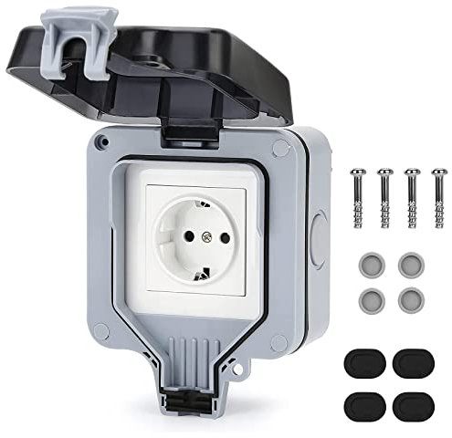 Presa Elettrica da Esterno IP66, Prese da Esterno Impermeabili Resistenti Alle Intemperie, Presa Elettrica Esterno con Coperchio Incernierato, per Uso Esterni, Singola