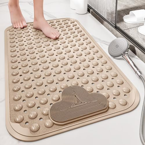 Tapis de Douche Antidérapant 80x50cm,Tapis Antidérapant Douche avec Ventouses et Trous de Drainage,Matériau TPE,Lavable en Machine,Beige