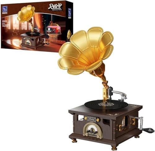 PANTASY Retro-Phonograph-Bausatz, Grammophon-Musikbox-Baukasten, Vintage-Musikspieler-Baustein-Set, Grammophon-Bausteinmodell-Set