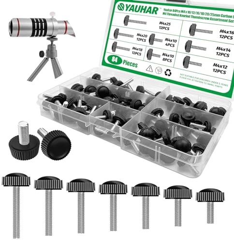 Yauhar 84Pcs 7 Size Carbon Steel M4 Threaded Knurled Thumbscrew Assortment Set, M4 x 10/12/16/18/20/25mm Black Round Male Clamping Knob Grips Thumb Screw for Repairing Machine