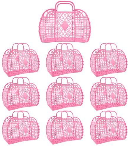 YEXEXINM 10Pcs Jelly Bag für Kinder, Wiederverwendbarer Geschenkkorb,Kunststoff-Jelly-Geldbörse, Mesh Strandtasche Mit Griff, Pink