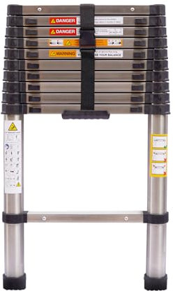 3.2m / 10.5ft Telescopic Ladder Extension Ladder Stainless Steel 330lbs Load Capacity, with Non-Slip Rubber Feet, Space Saving Portable Home Ladder