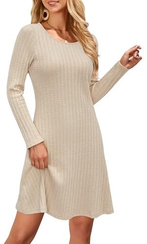 OUGES Jumper Dress for Women UK Womens Winter Knitted Dresses Autumn Ladies Elegant Midi Dresses-L Beige
