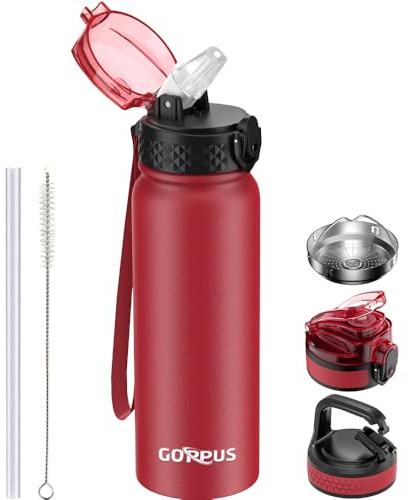 GOPPUS 600ml/20oz Stainless Water Bottle with Straw Double Wall Insulated Bottles with Strap One Hand Open Vacuum Thermal Flask Leakproof Keep Cold Drinks Bottles BPA Free for Adults (Red)