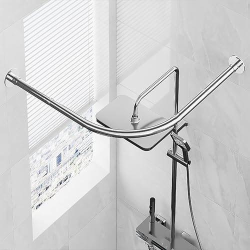 Verstellbare L Form Duschvorhangstange, Gebogene Viertelkreis Duschvorhangstange Edelstahl, Eckdusche Rund-Duschstange Ohne Bohrer, Für Badezimmer Dusche Bade(Size:D 70-95cm x 105 -165cm,Color:Silber)