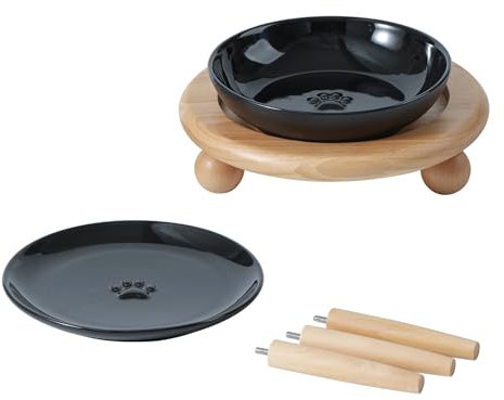 Havniva Erhöhter Keramik-Fressnapf mit breitem Schnurrhaar, Futter- und Wassernapf mit 2 Stilen, verstellbar, Anti-Ersticken, erhöhter Futternapf (1 Schale + 1 flache Schale + Ständer, Schwarz