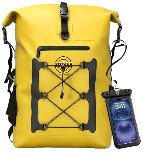 STOVER 5/10/25/30/40/55L Wasserdichter Trockenrucksack & Handyhülle – XL Schwimmtasche mit Rolltop für Kajak, Reisen, Wandern, Angeln, Camping, Motorrad & Strand, für Damen & Herren (Gelb)