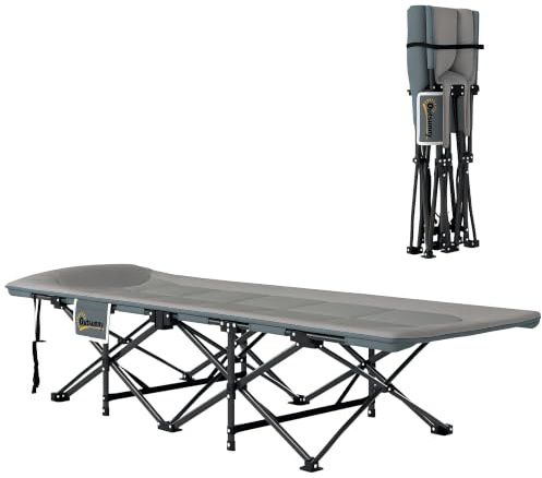 Outsunny Cama Plegable Camping con Bolsillo Lateral 187x67x37 cm Gris | Cama de Acampada Portátil, Tumbona de Camping, con Reposacabezas, Carga 150 kg, para Playa Senderismo