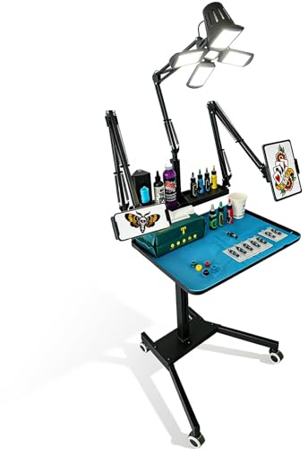 GBK Tattoo Workstation & Trolley – Mobile Tattoo Tray Cart with LED Light, Adjustable Heavy Duty Tattoo Table & Workbench, Tablet & Phone Holders, Pigment Organiser