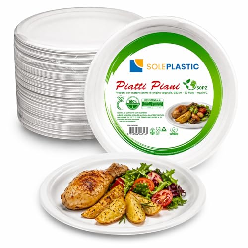 50 Piatti Bianchi Biodegradabili da 23 cm - in Polpa di Cellulosa - RESISTENTI e Compostabili - Piatti Piani RIUTILIZZABILI per Feste, Catering, Picnic e Uso Quotidiano - OTTIMO PER PIATTI CALDI