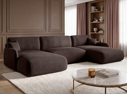 KP-Meble U-Form Wohnlandschaft mit Schlaffunktion 357x175 cm, Cordstoff – Großes Schlafsofa mit Bettkasten, Moderne Couch mit Stauraum NIVO (Poso 06)