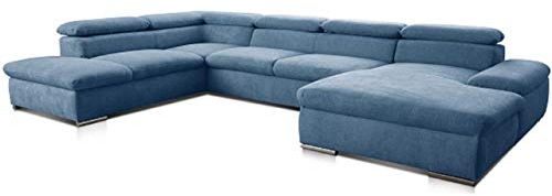 Cavadore Wohnlandschaft Alkatraz im modernen Design / U-Form mit Ottomane links und Longchair rechts / Inkl. Bettfunktion + Kopfteilverstellung / 350 x 73 x 226 / Hellblau
